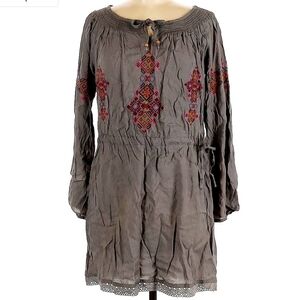 Z&L Grey Cross Stitch Long Sleeve Dress Women's Medium M Tie Waist Boho Cute EUC